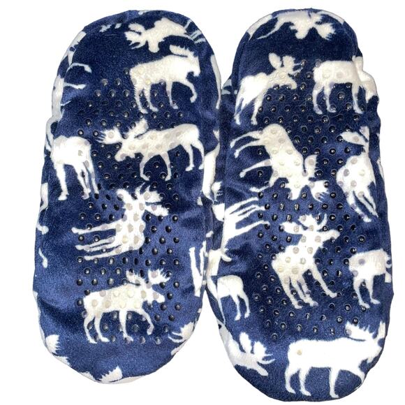 Lazy One Womens Slippers Sz L XL 7-9 Classic Moose Fuzzy Feet Non Slip Blue Navy - Picture 6 of 7